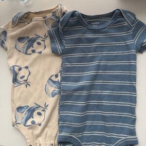 Carter's Blue Striped and Cream Panda Short-Sleeve Baby Bodysuits - 2-Pack